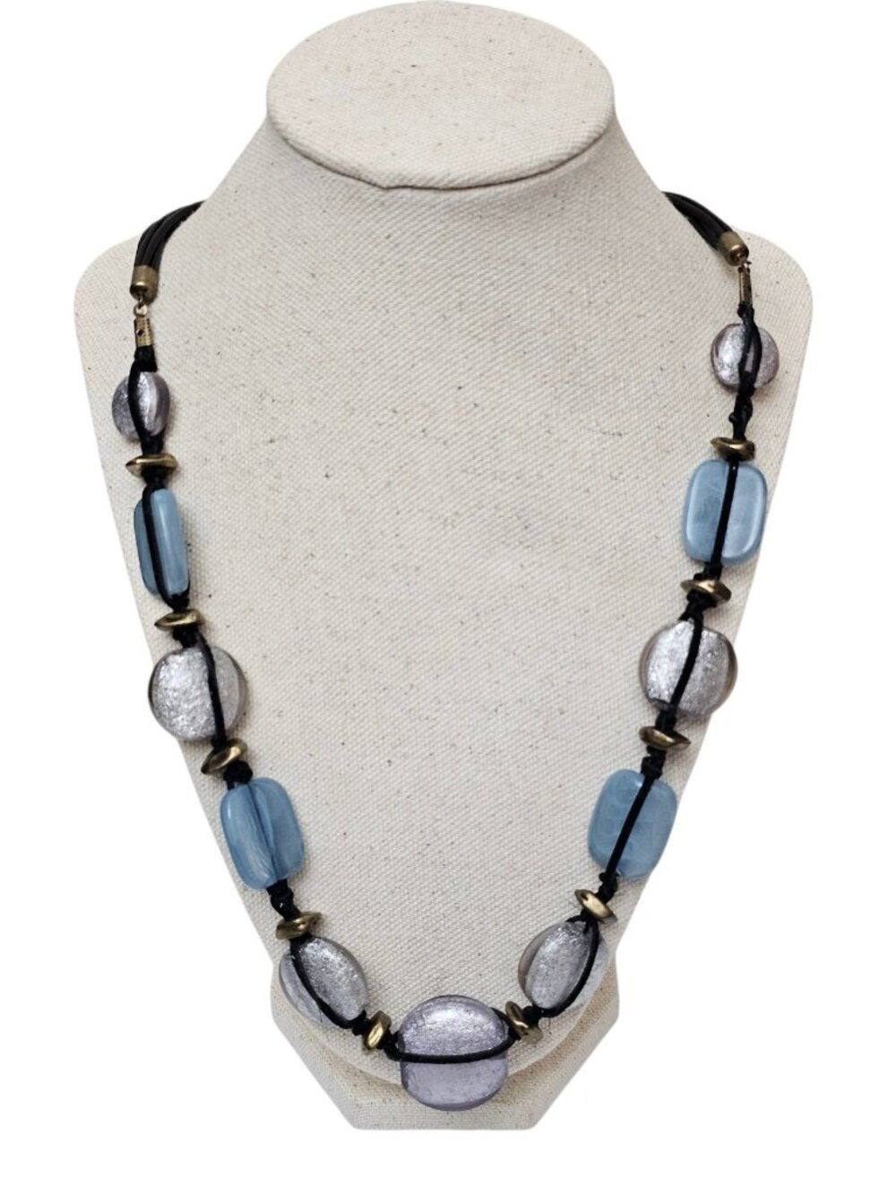 Chunky Blue Silver Glass Bead Necklace Black Cord Brass Tone Statement Jewelry